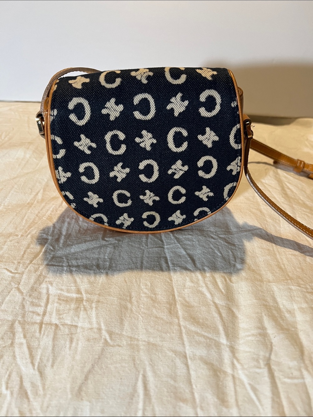 Celine C Macadam Denim and Leather Crossbody Bag Tan and Blue..